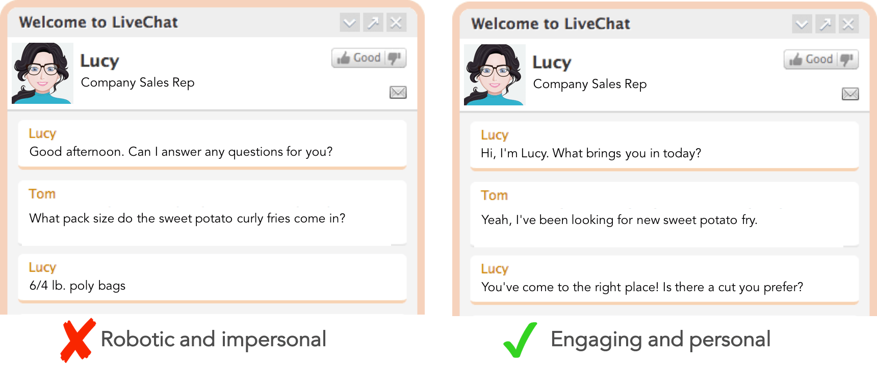 In a live-chat environment with customers, keep it conversational and don’t be afraid to inject some personality.