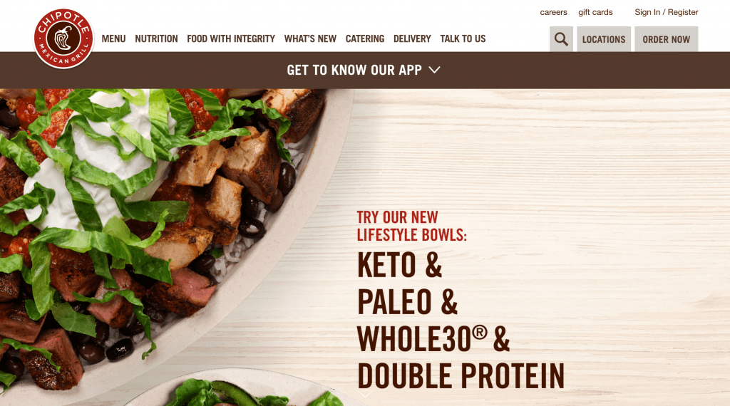 Chipotle.com advertising lifestyling bowls for Keto, Paleo, Whole30, and double protein diets.