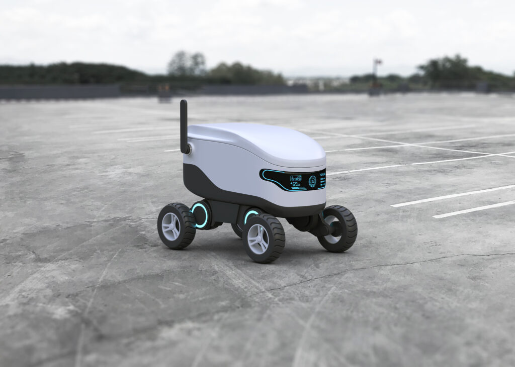 Self-driving delivery robot concept. 3D illustration