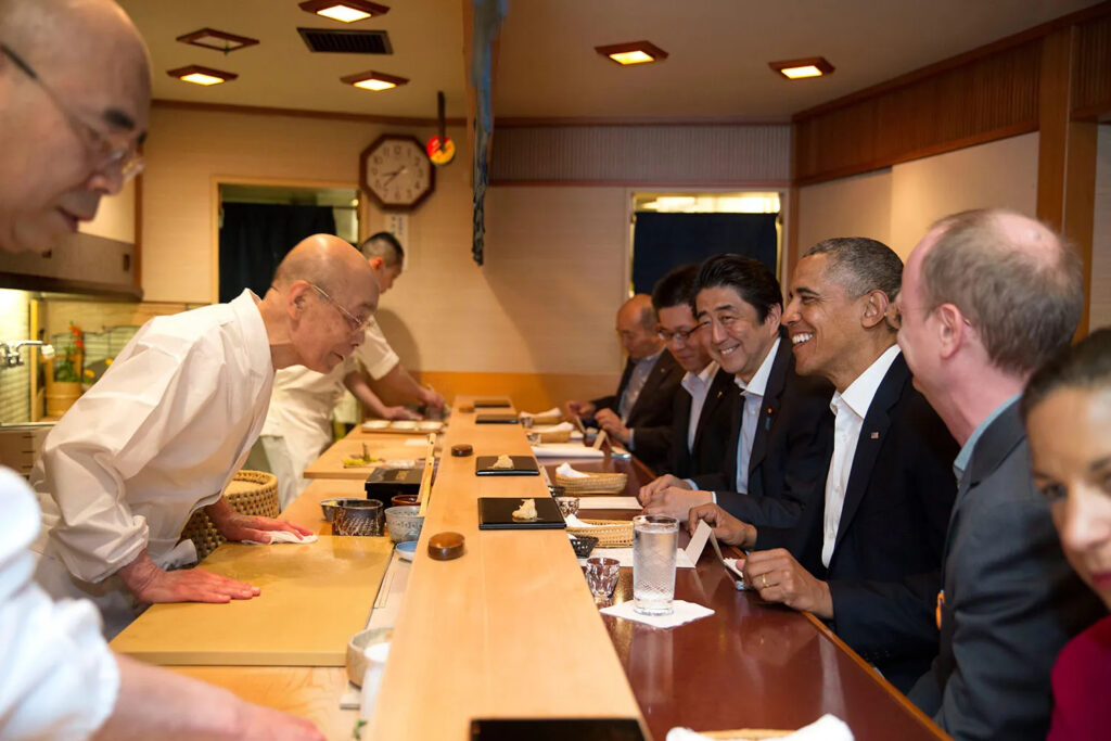 Barack Obama dining at Sukiyabashi Jiro in Tokyo, Japan.