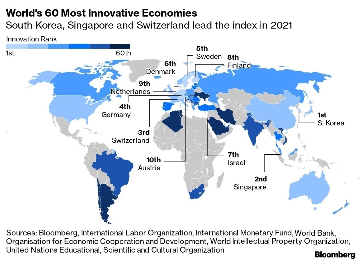 Map of the world's 60 most innovative economies