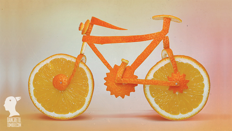 Bike sculpture made from oranges